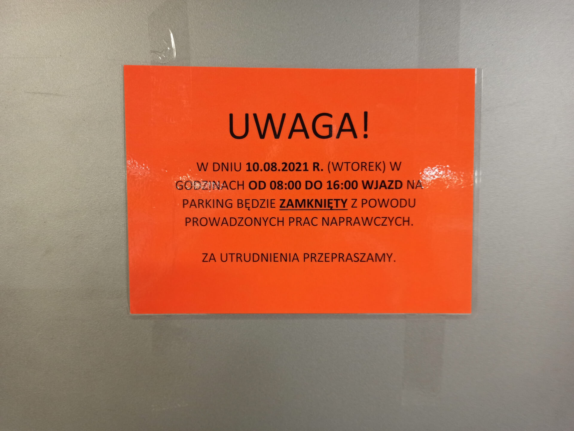 Informacja dotycząca zamknięcia parkingu