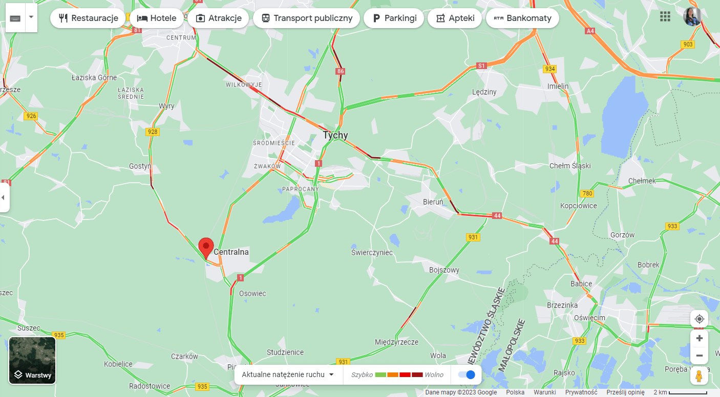 Natężenie ruchu w okolicach Kobióra, godz. 14:40